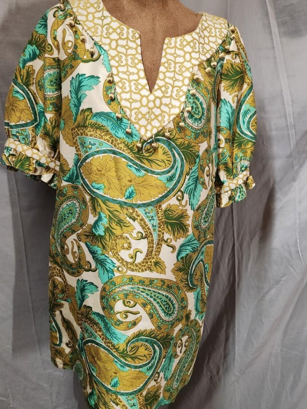 Original Milly of New York Green & Gold Retro Style Paisley Silk Sz 4 MSRP $ 395